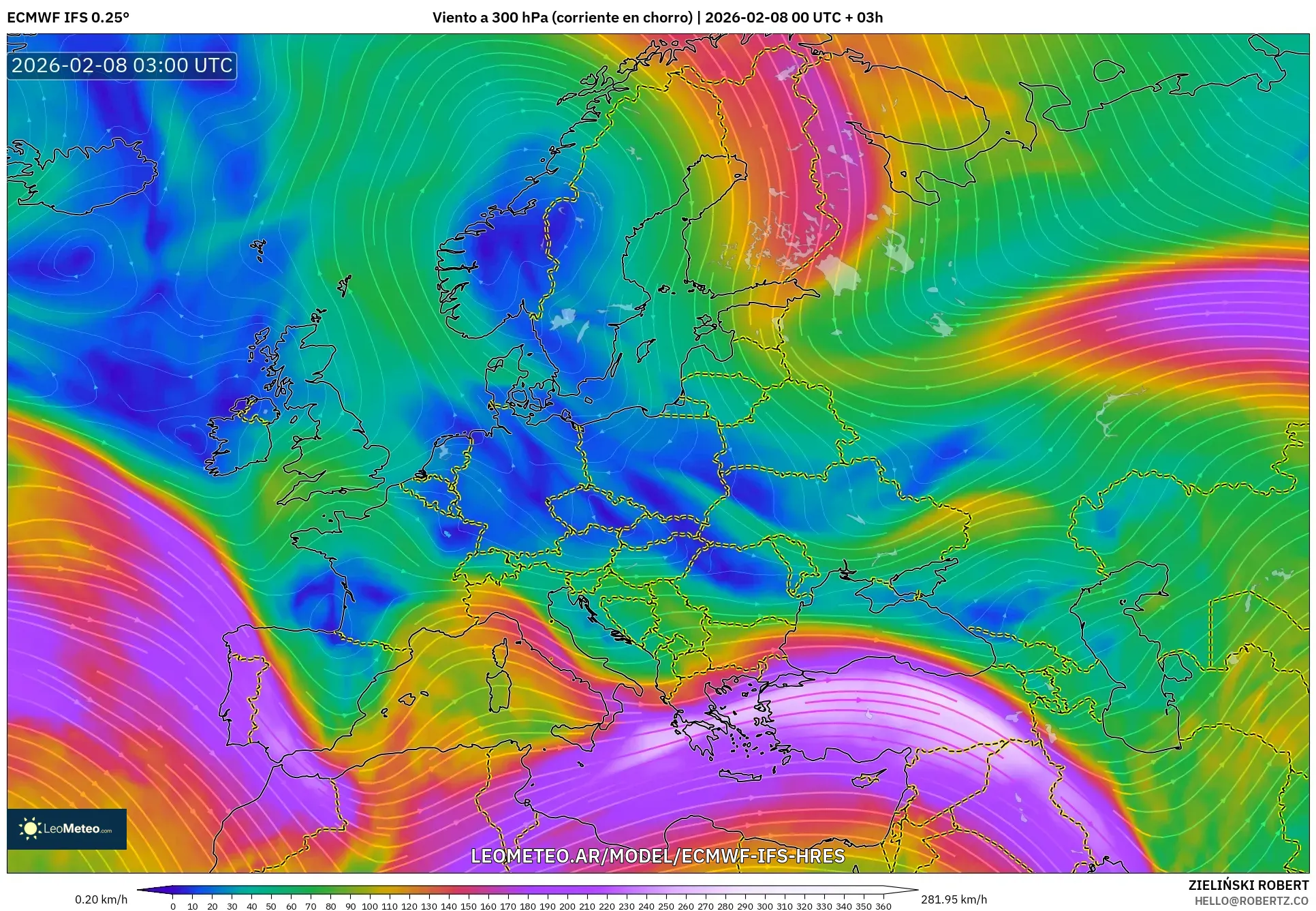 ECMWF IFS 0.25° model - Europa, Viento a 300 hPa (corriente en chorro)