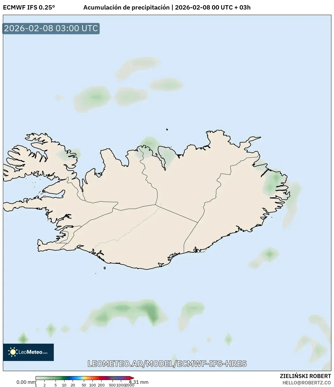 ECMWF IFS 0.25° model - Islandia, Acumulación de precipitación