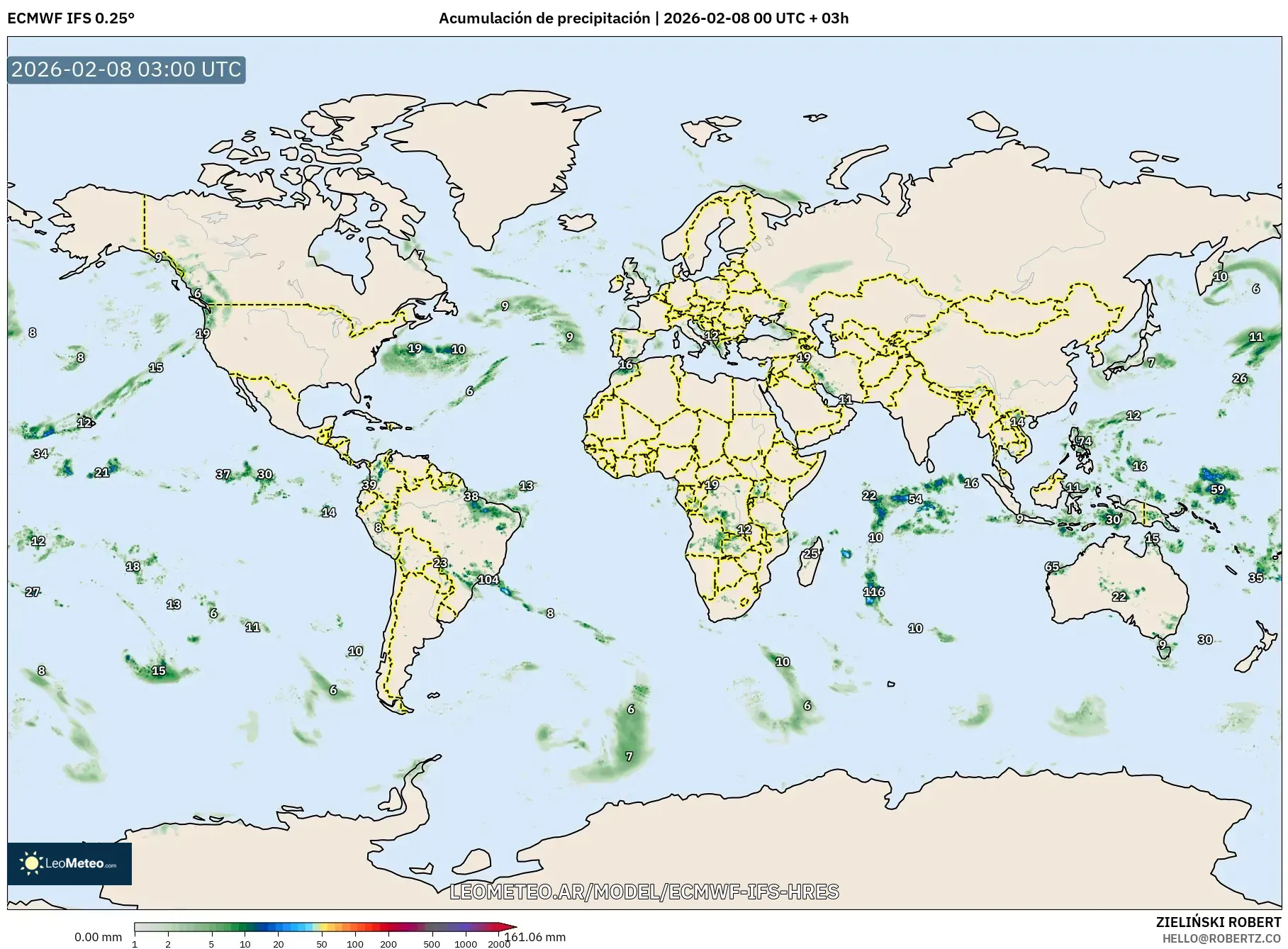 ECMWF IFS 0.25° model - Mundo, Acumulación de precipitación