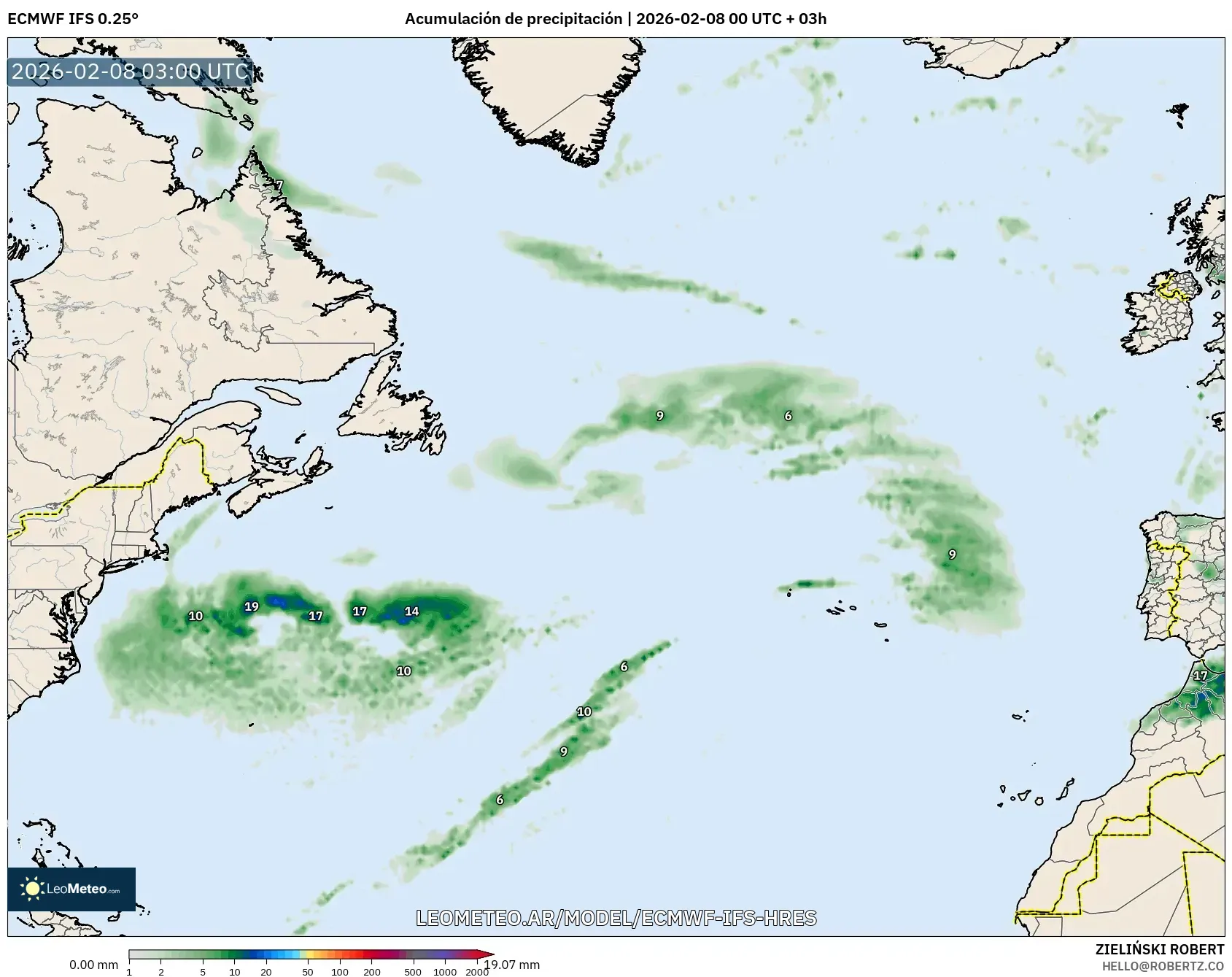 ECMWF IFS 0.25° model - Norte Atlántico, Acumulación de precipitación