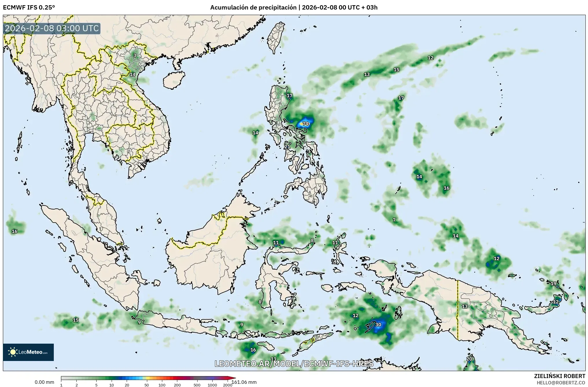 ECMWF IFS 0.25° model - Sudeste Asiático, Acumulación de precipitación