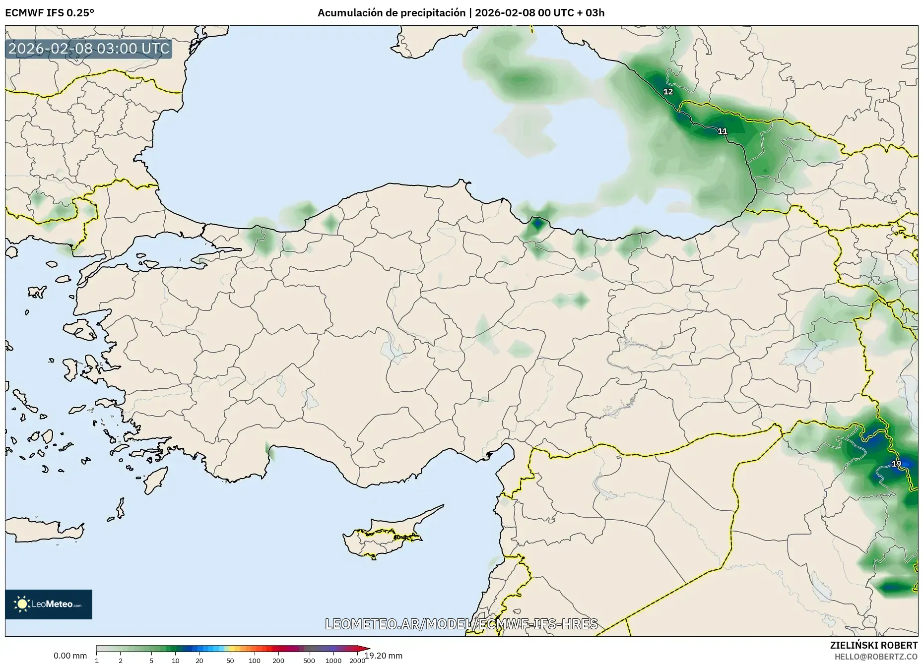 ECMWF IFS 0.25° model - Turquía, Acumulación de precipitación