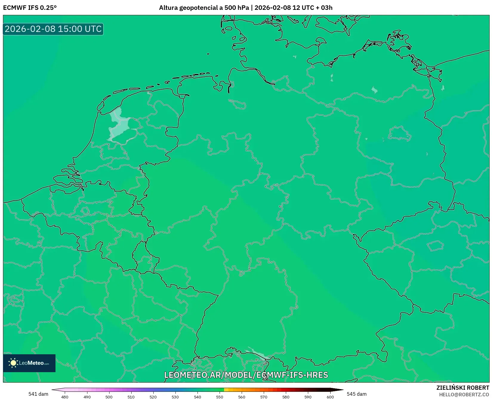 ECMWF IFS 0.25° model - Alemania, Altura geopotencial a 500 hPa