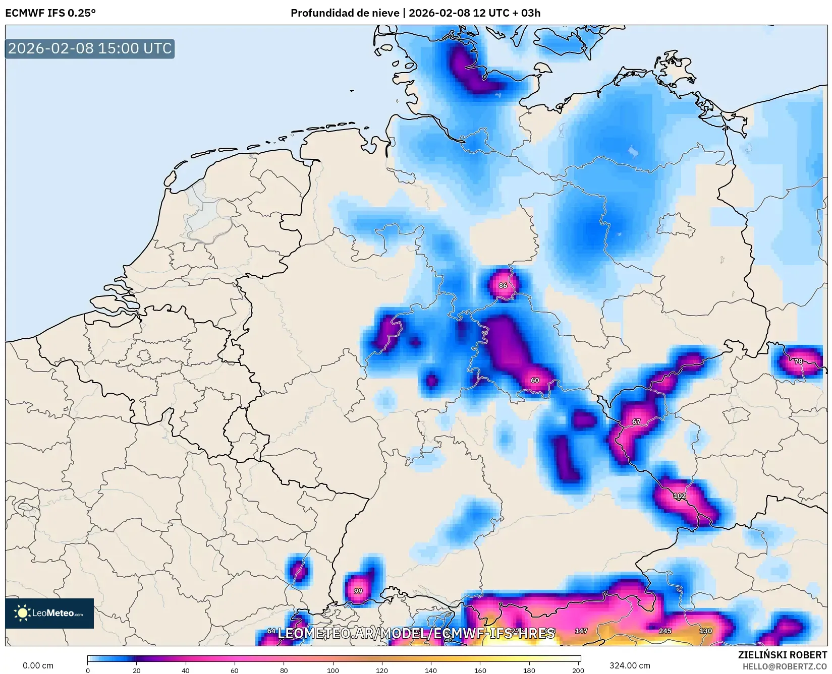 ECMWF IFS 0.25° model - Alemania, Profundidad de nieve