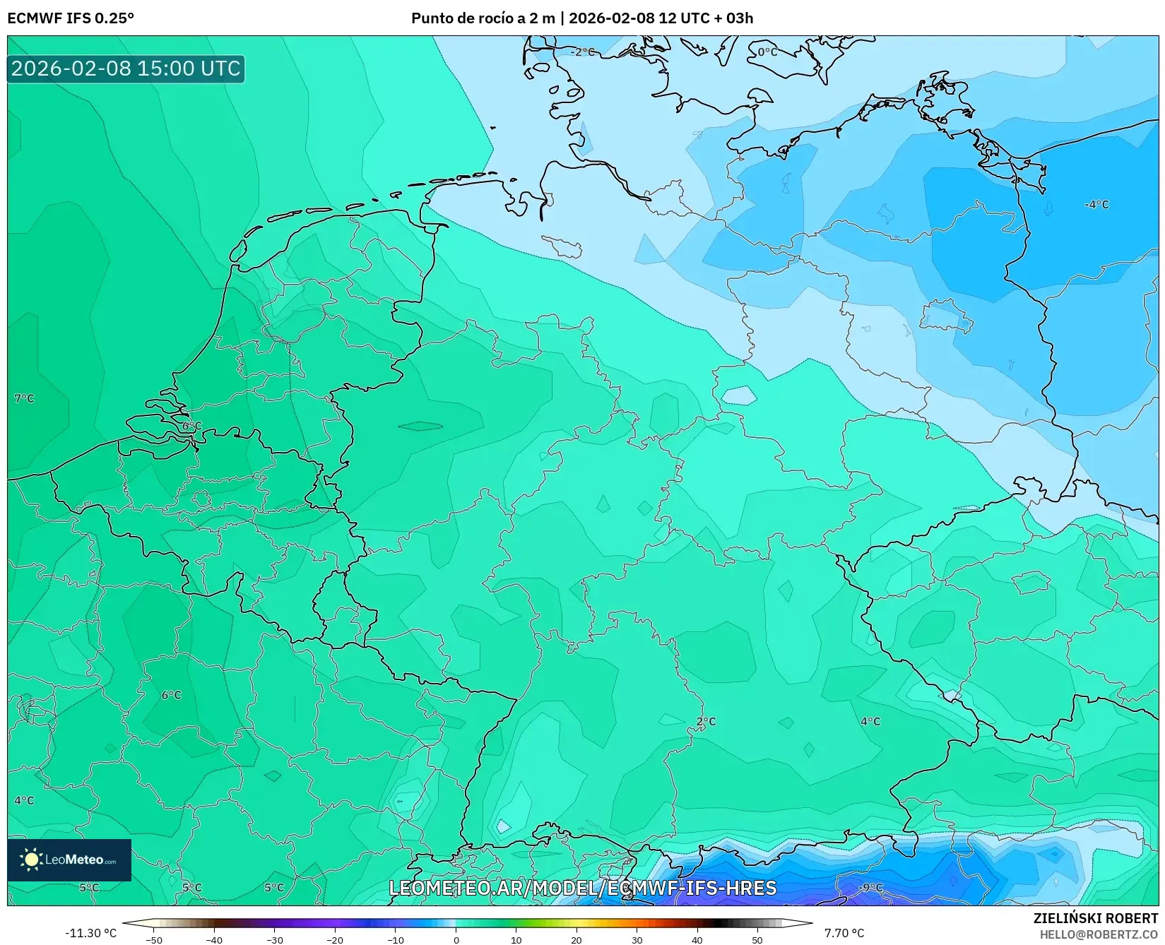 ECMWF IFS 0.25° model - Alemania, Punto de rocío a 2 m
