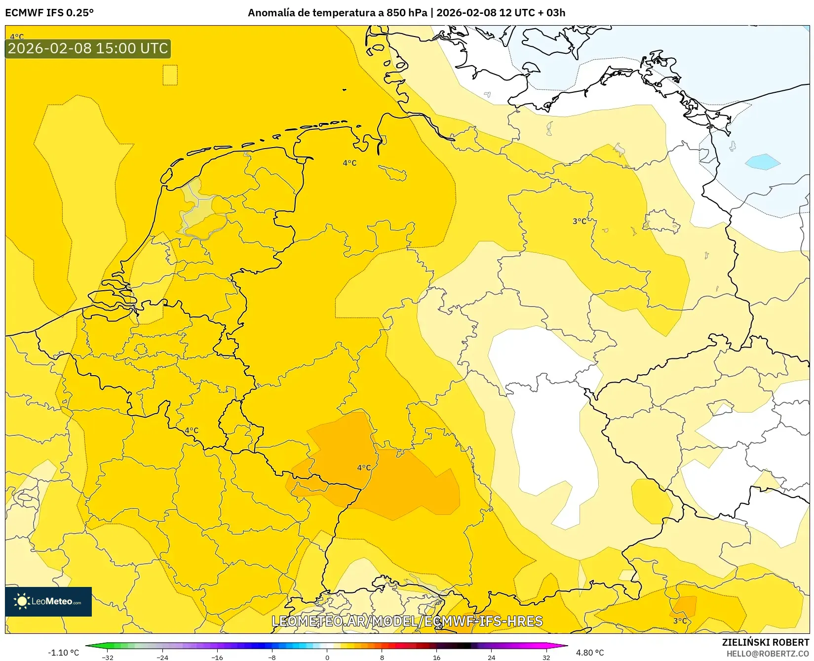 ECMWF IFS 0.25° model - Alemania, Anomalía de temperatura a 850 hPa