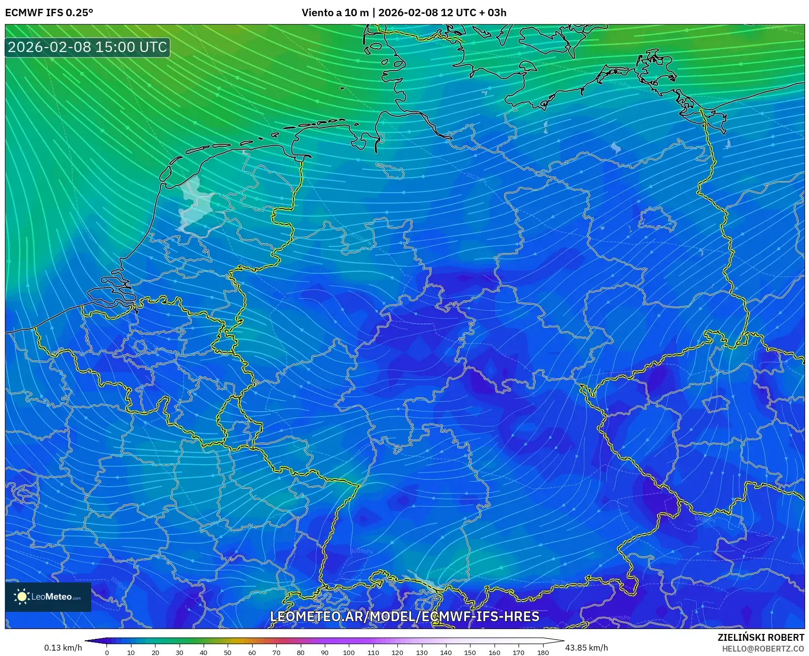 ECMWF IFS 0.25° model - Alemania, Viento a 10 m