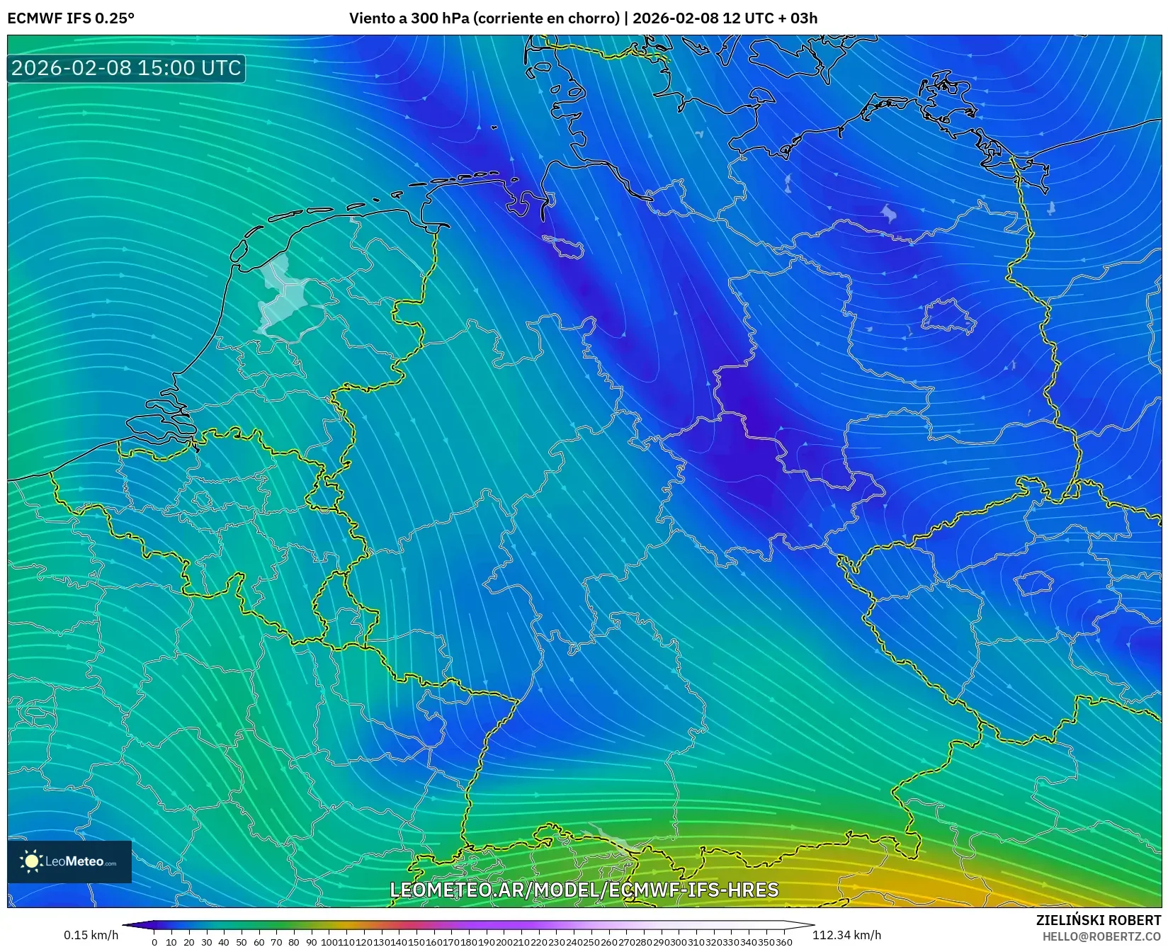 ECMWF IFS 0.25° model - Alemania, Viento a 300 hPa (corriente en chorro)