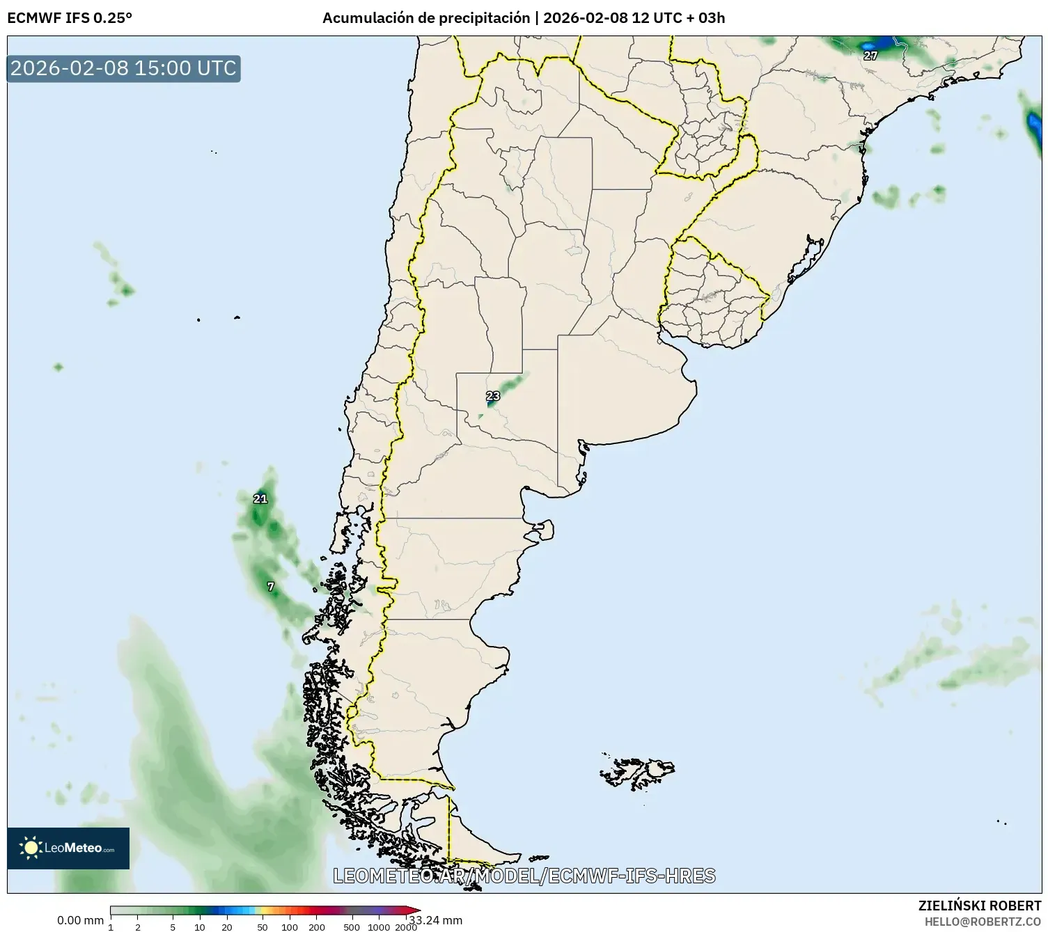 ECMWF IFS 0.25° model - Argentina, Acumulación de precipitación