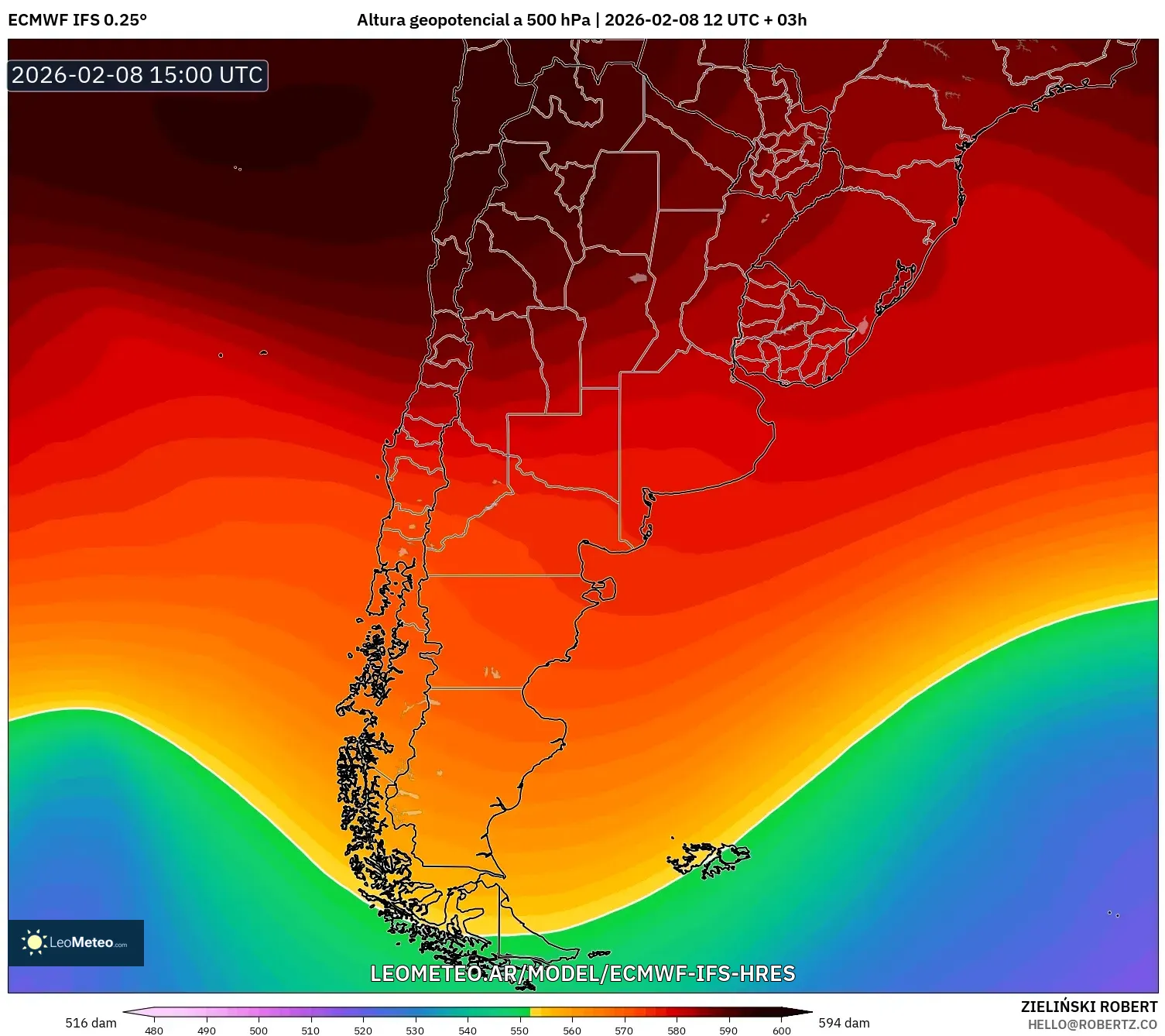 ECMWF IFS 0.25° model - Argentina, Altura geopotencial a 500 hPa