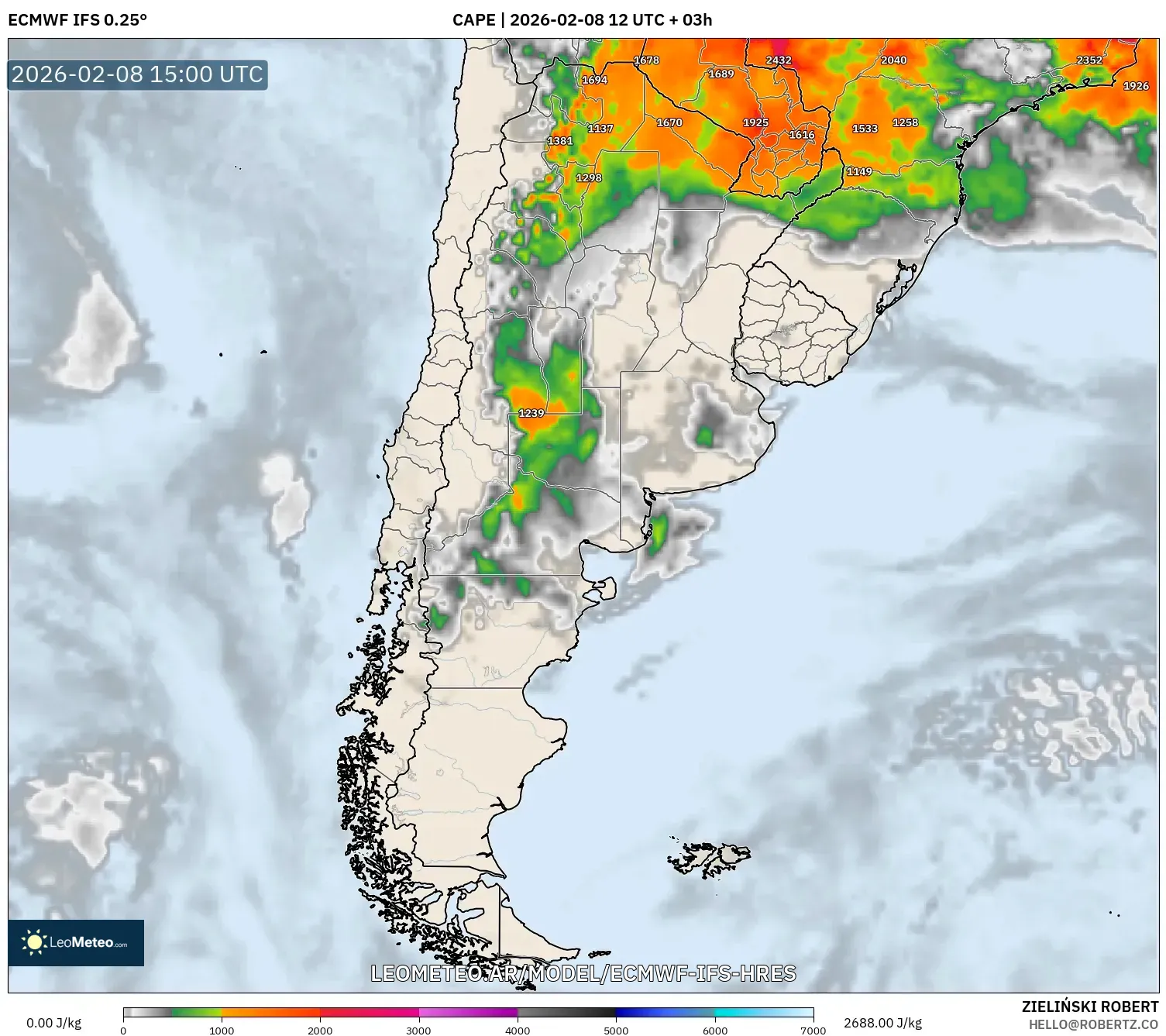 ECMWF IFS 0.25° model - Argentina, CAPE