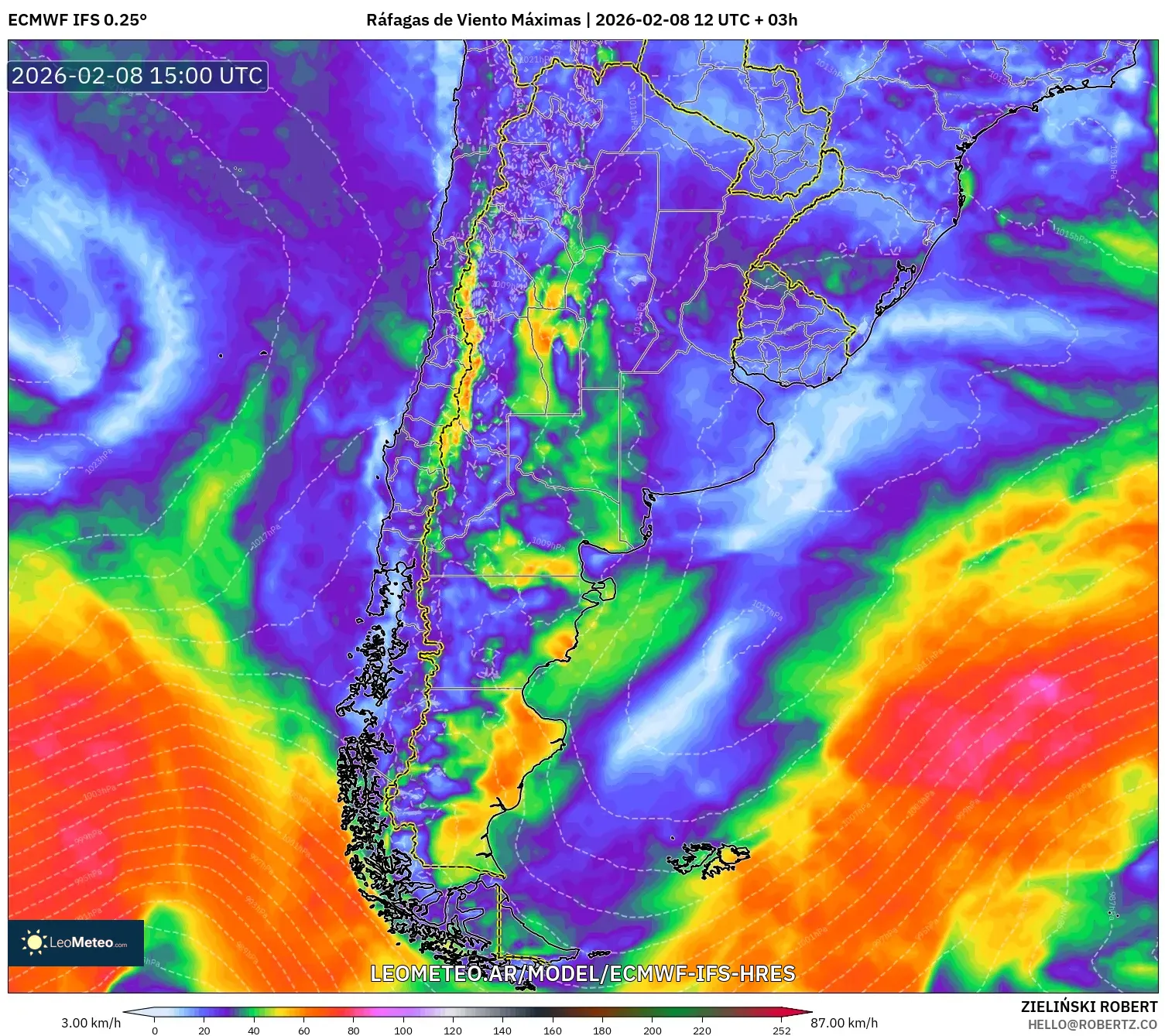 ECMWF IFS 0.25° model - Argentina, Ráfagas de Viento Máximas