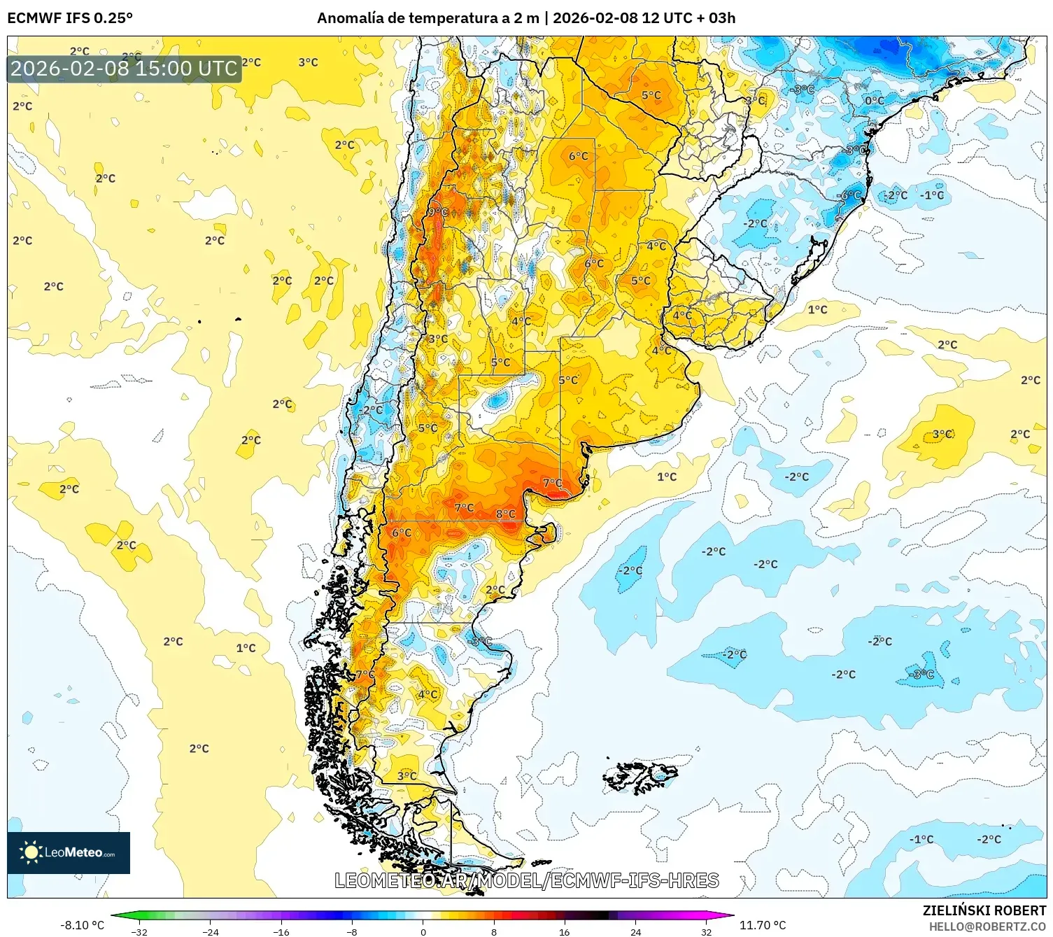 ECMWF IFS 0.25° model - Argentina, Anomalía de temperatura a 2 m