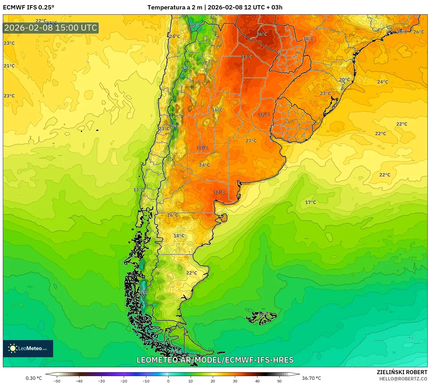 ECMWF IFS 0.25° model - Argentina, Temperatura a 2 m