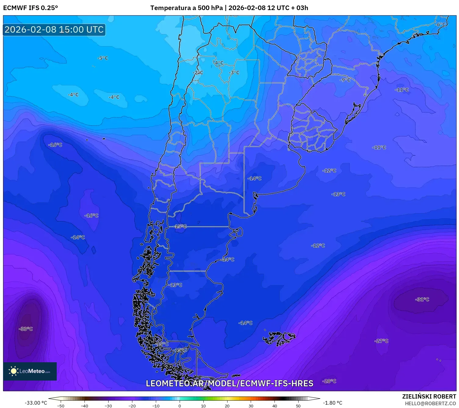 ECMWF IFS 0.25° model - Argentina, Temperatura a 500 hPa