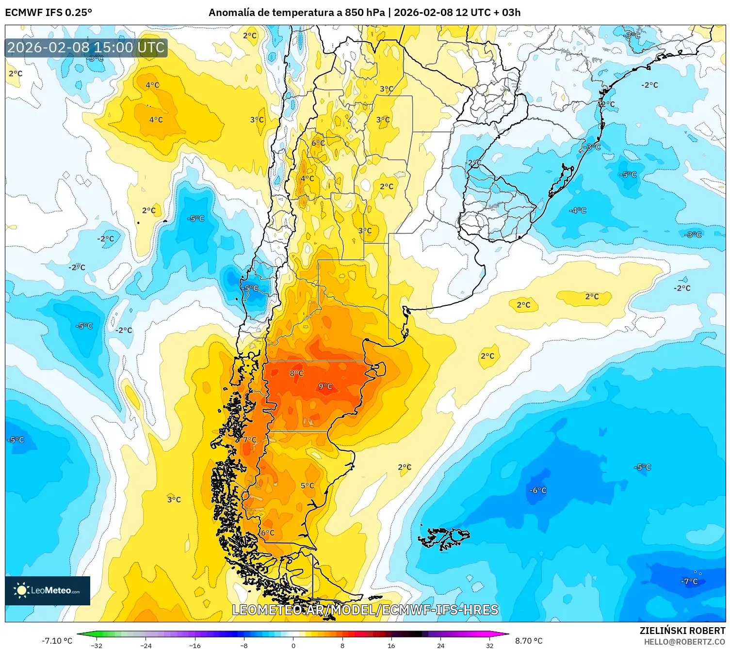 ECMWF IFS 0.25° model - Argentina, Anomalía de temperatura a 850 hPa