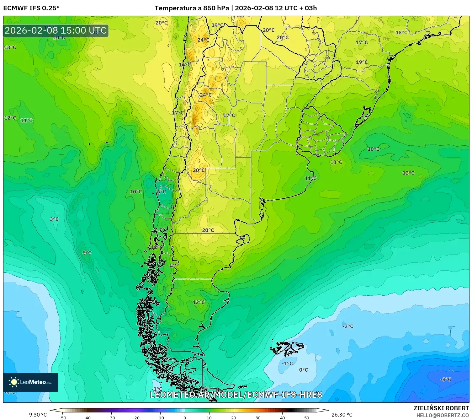 ECMWF IFS 0.25° model - Argentina, Temperatura a 850 hPa