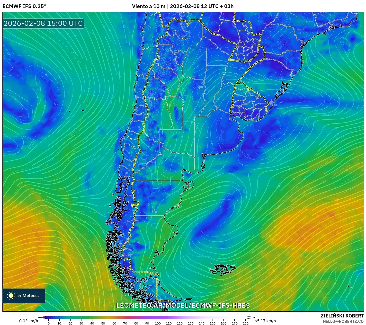 ECMWF IFS 0.25° model - Argentina, Viento a 10 m