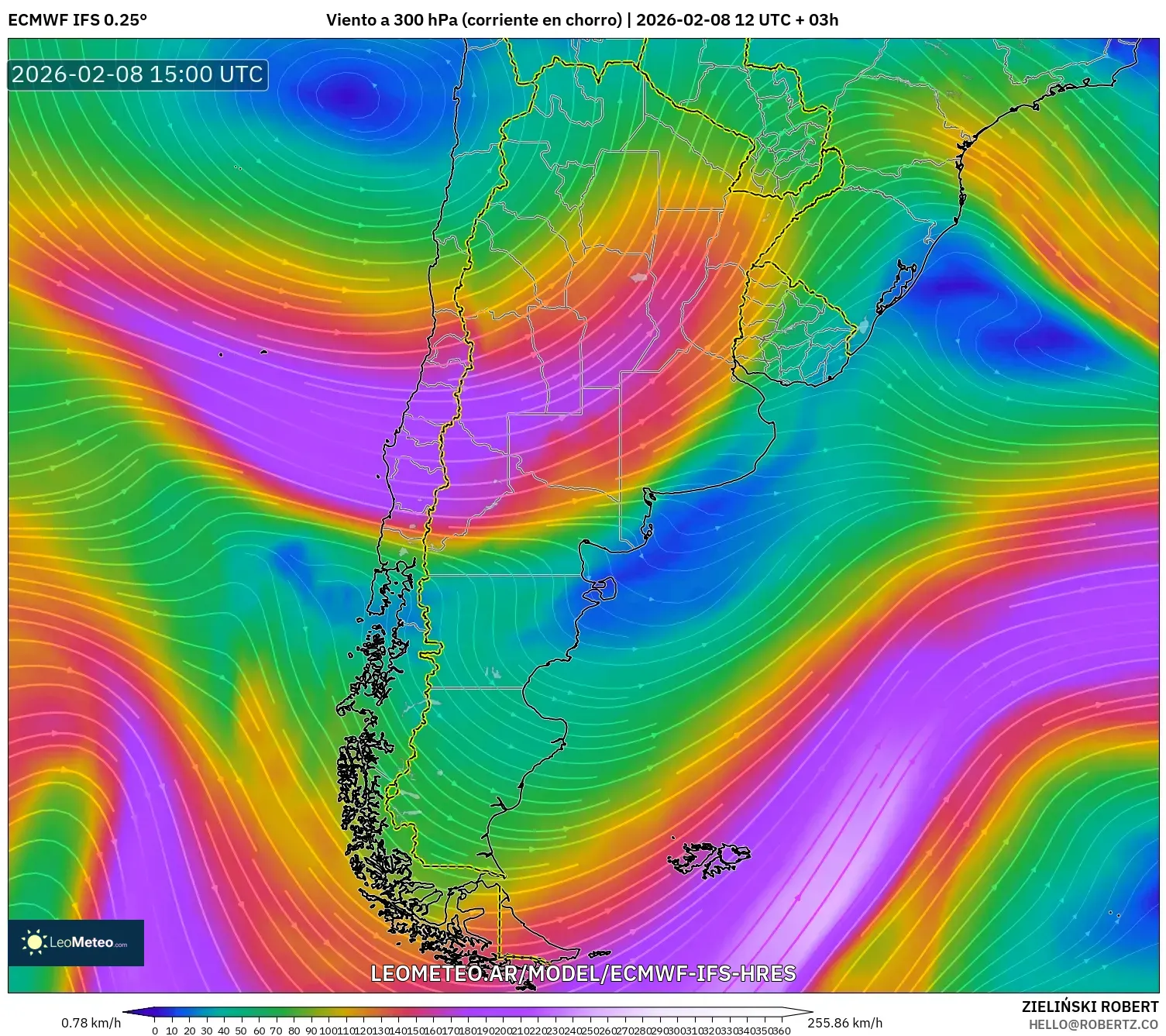 ECMWF IFS 0.25° model - Argentina, Viento a 300 hPa (corriente en chorro)