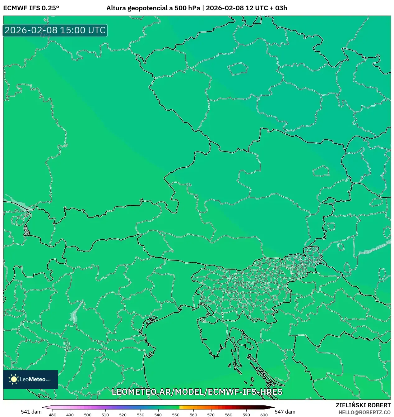 ECMWF IFS 0.25° model - Austria, Altura geopotencial a 500 hPa