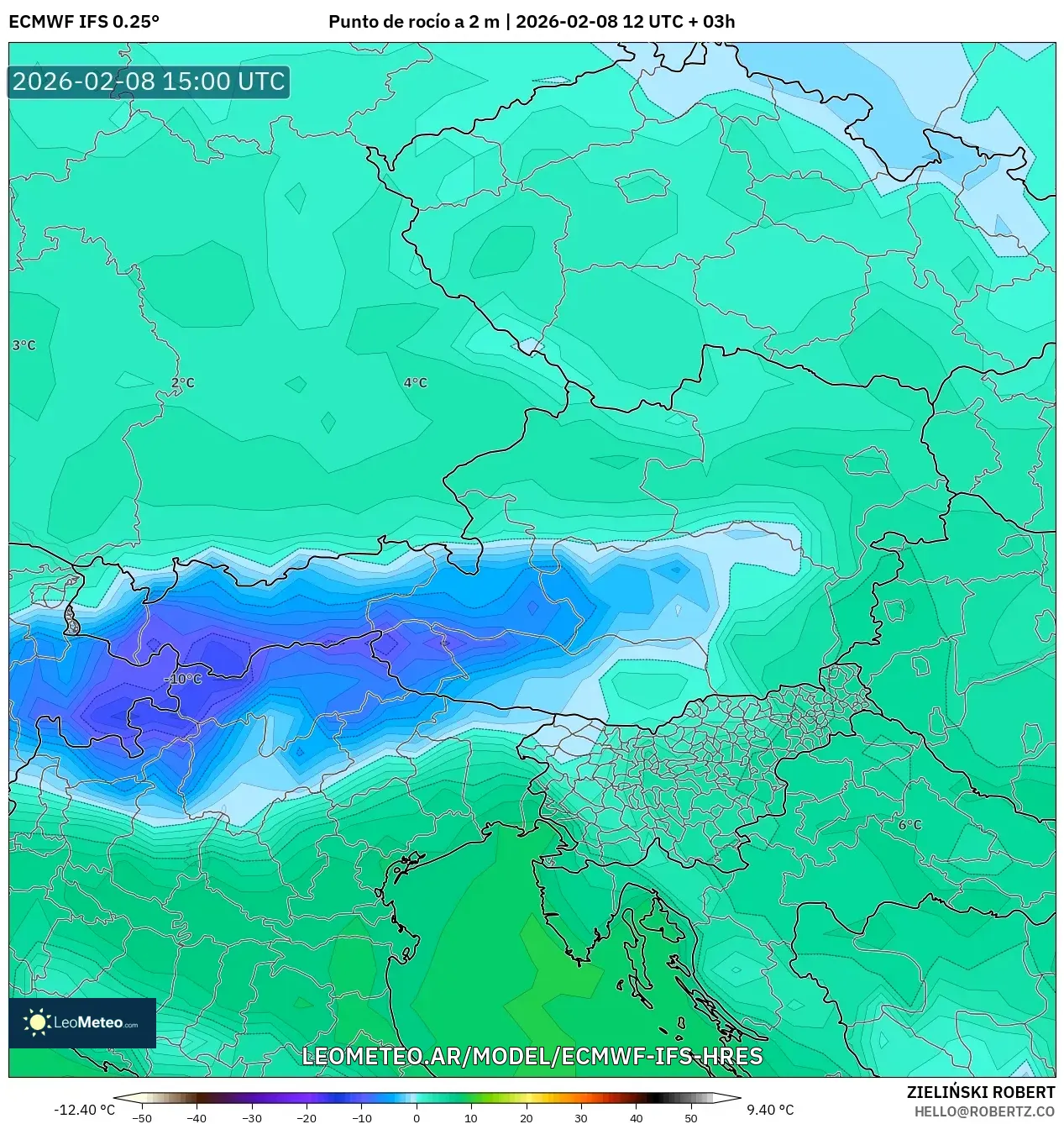 ECMWF IFS 0.25° model - Austria, Punto de rocío a 2 m