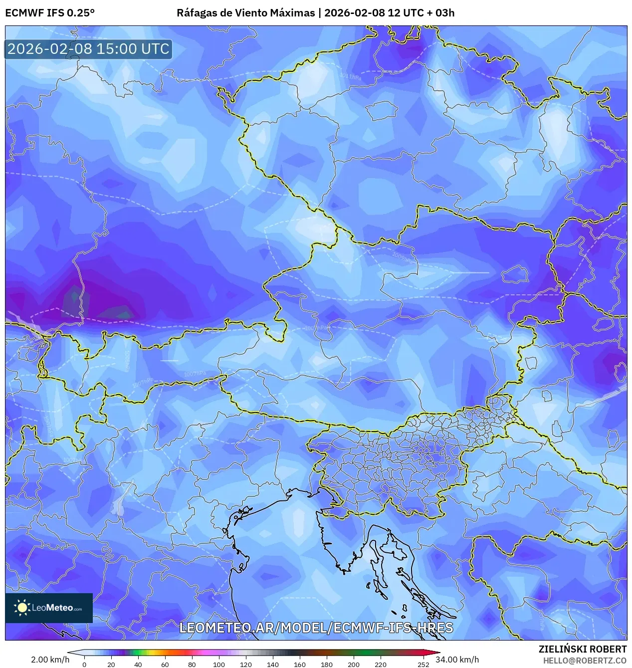 ECMWF IFS 0.25° model - Austria, Ráfagas de Viento Máximas