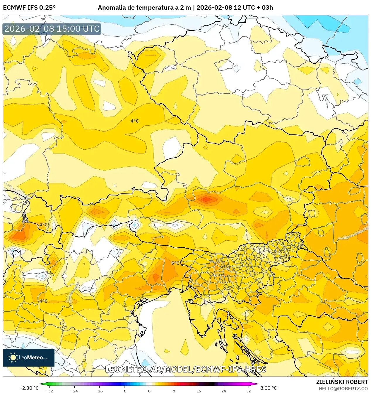 ECMWF IFS 0.25° model - Austria, Anomalía de temperatura a 2 m
