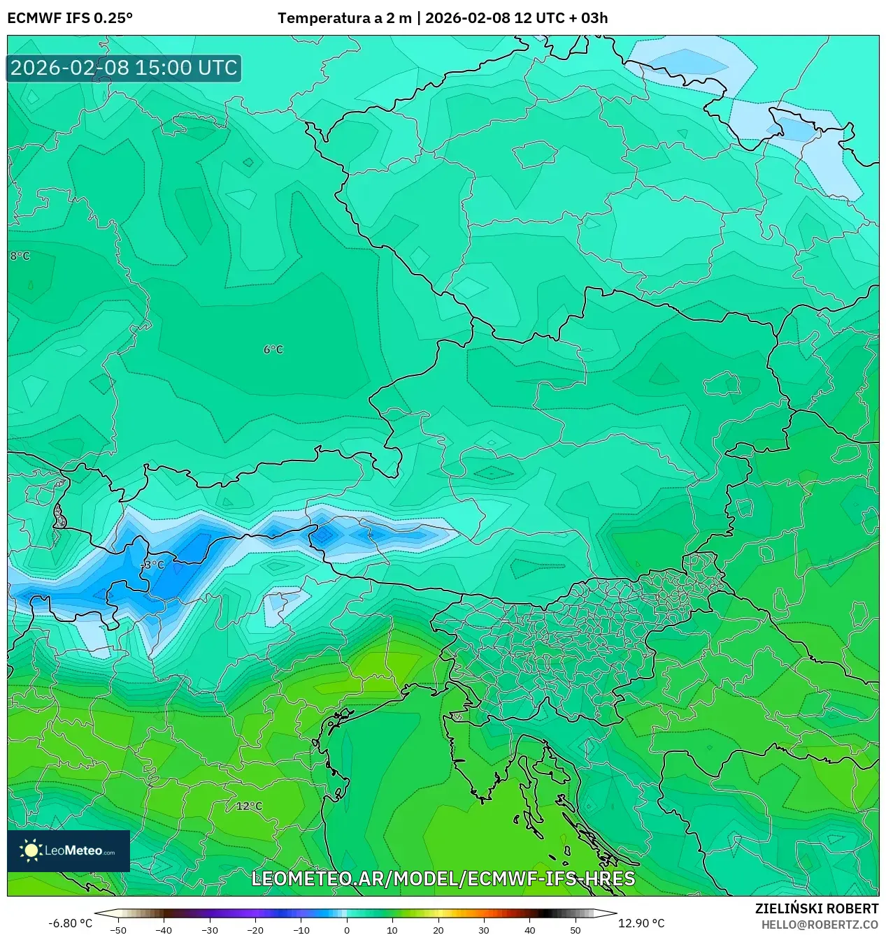 ECMWF IFS 0.25° model - Austria, Temperatura a 2 m