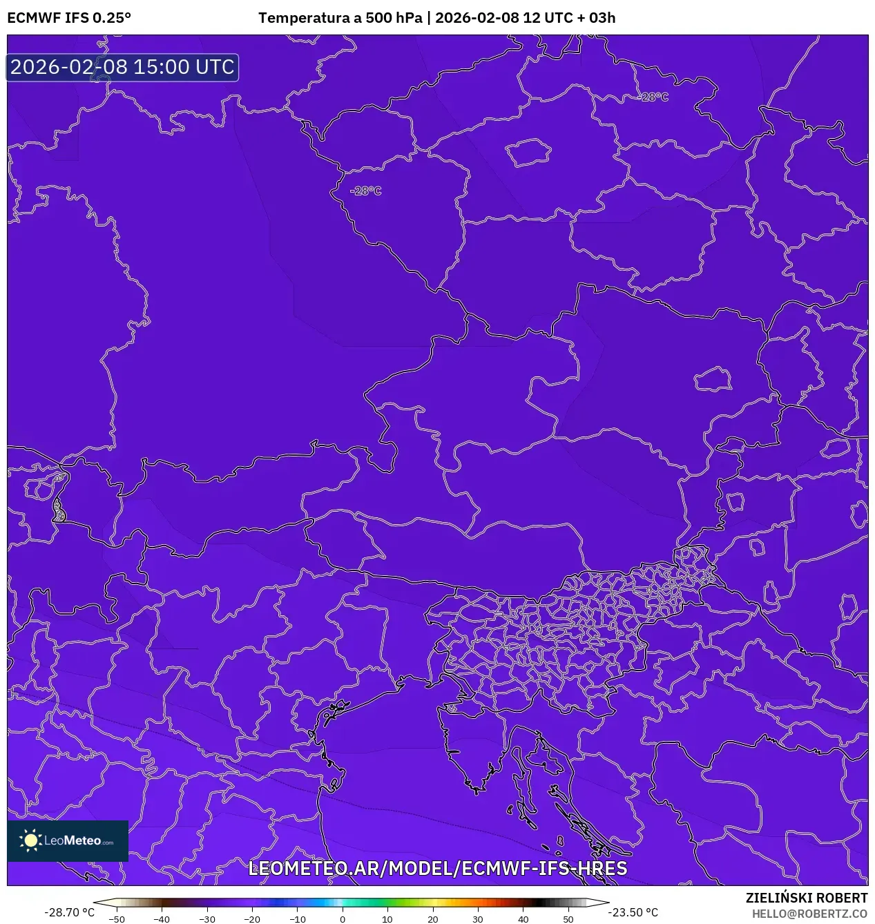 ECMWF IFS 0.25° model - Austria, Temperatura a 500 hPa
