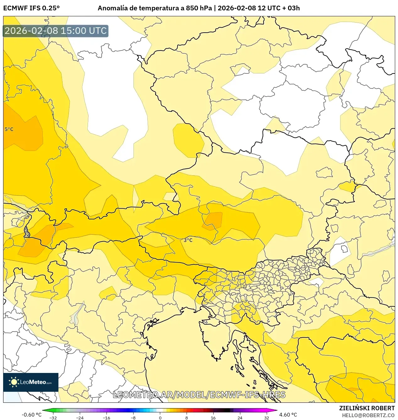 ECMWF IFS 0.25° model - Austria, Anomalía de temperatura a 850 hPa