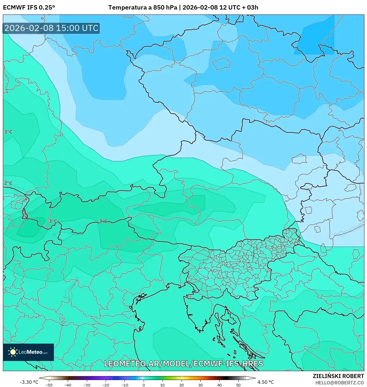 ECMWF IFS 0.25° model - Austria, Temperatura a 850 hPa