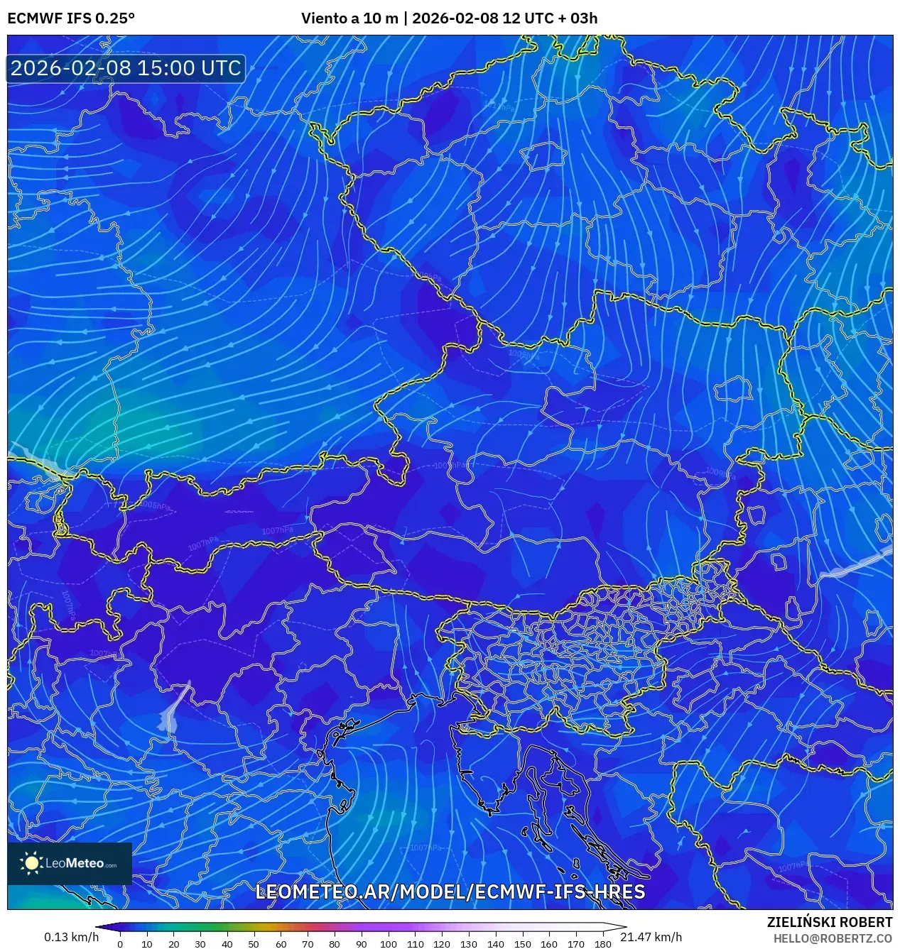 ECMWF IFS 0.25° model - Austria, Viento a 10 m