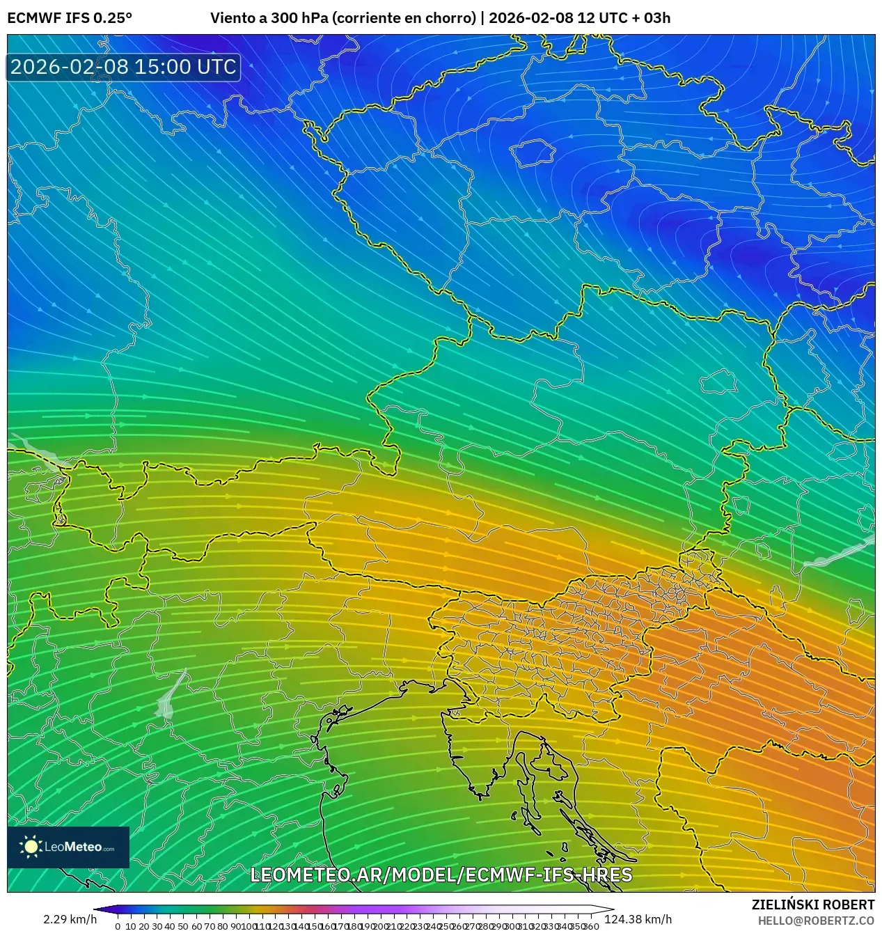 ECMWF IFS 0.25° model - Austria, Viento a 300 hPa (corriente en chorro)
