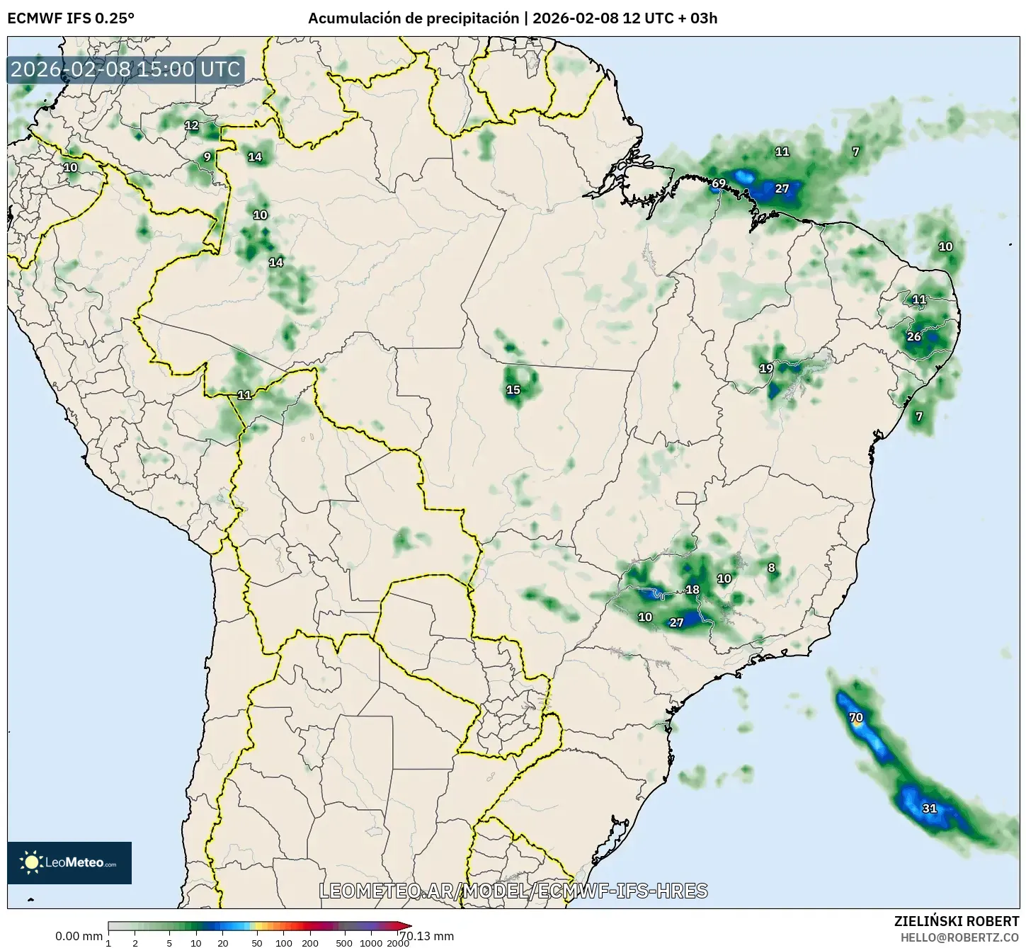 ECMWF IFS 0.25° model - Brasil, Acumulación de precipitación