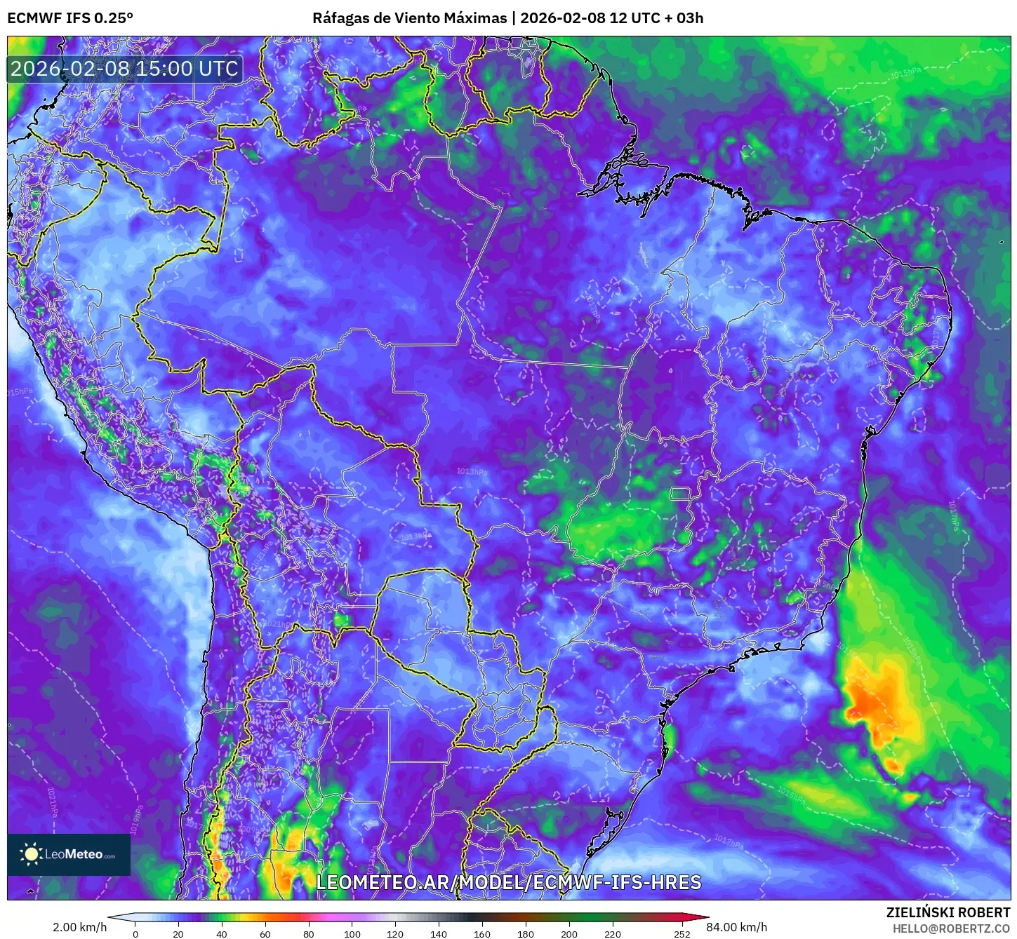 ECMWF IFS 0.25° model - Brasil, Ráfagas de Viento Máximas