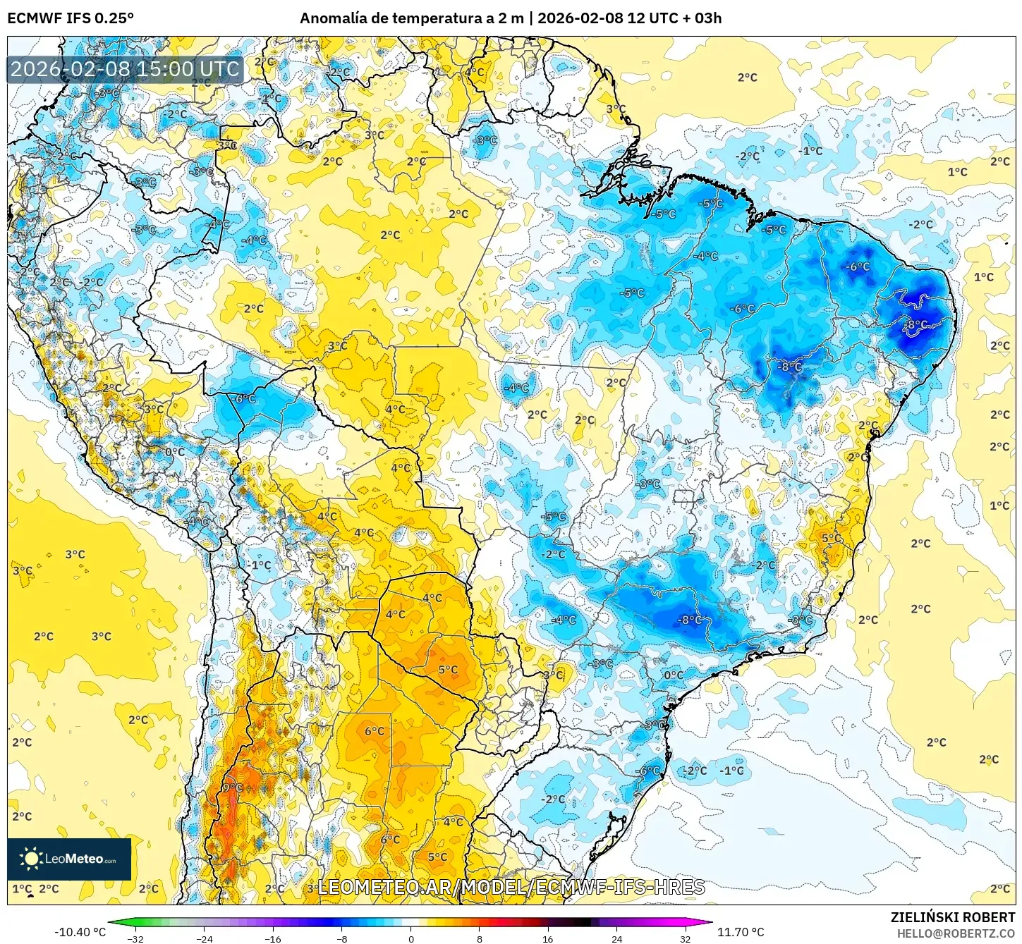 ECMWF IFS 0.25° model - Brasil, Anomalía de temperatura a 2 m
