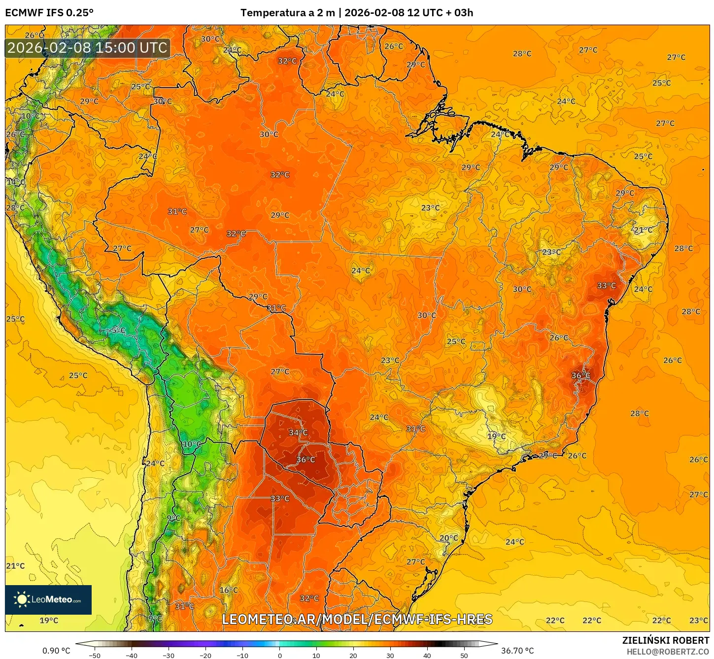 ECMWF IFS 0.25° model - Brasil, Temperatura a 2 m