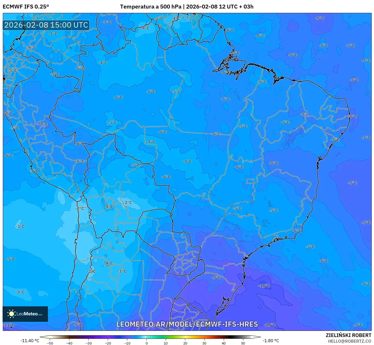 ECMWF IFS 0.25° model - Brasil, Temperatura a 500 hPa