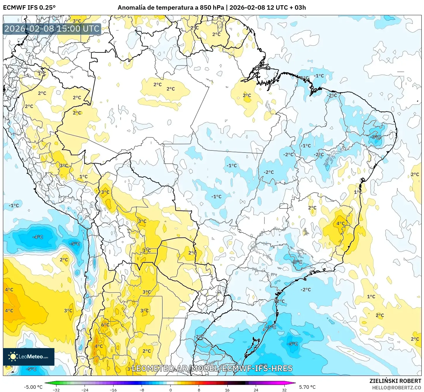 ECMWF IFS 0.25° model - Brasil, Anomalía de temperatura a 850 hPa