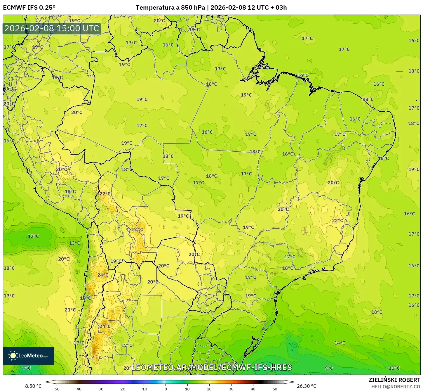 ECMWF IFS 0.25° model - Brasil, Temperatura a 850 hPa