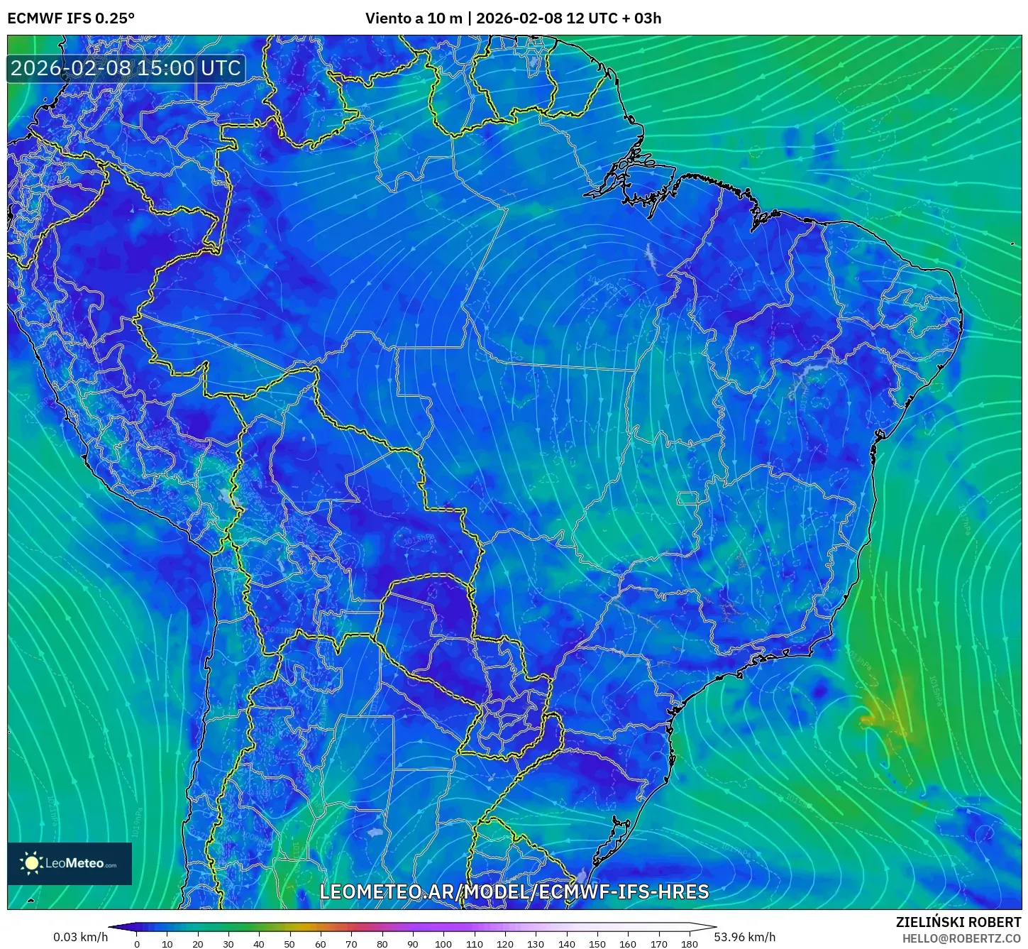 ECMWF IFS 0.25° model - Brasil, Viento a 10 m