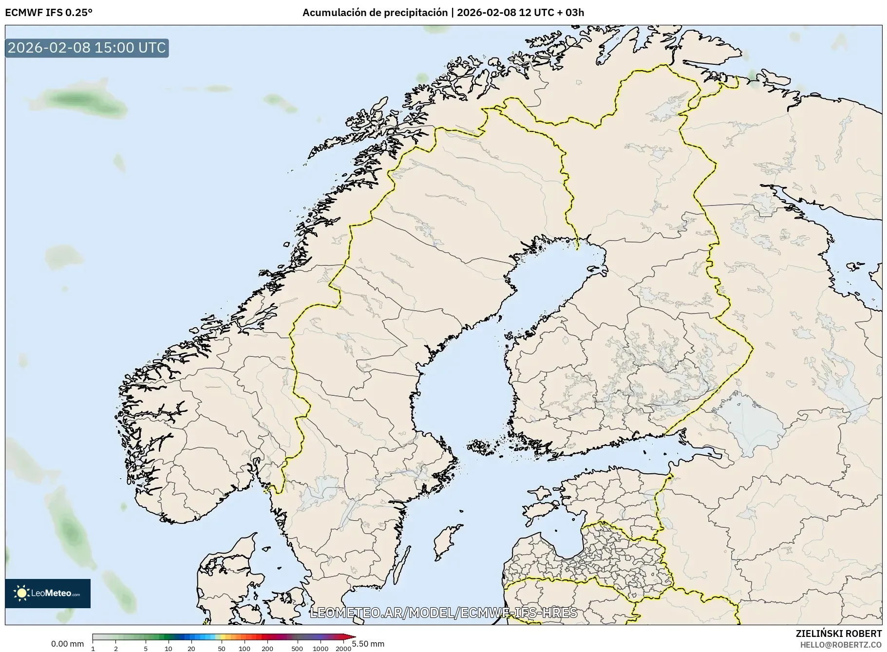 ECMWF IFS 0.25° model - Escandinavia, Acumulación de precipitación