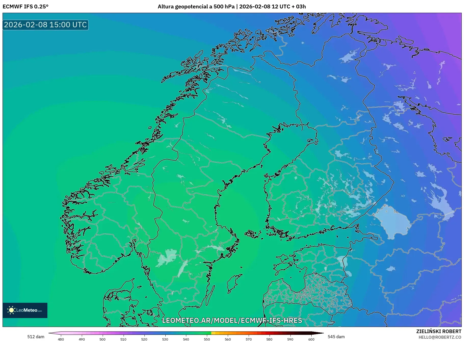 ECMWF IFS 0.25° model - Escandinavia, Altura geopotencial a 500 hPa