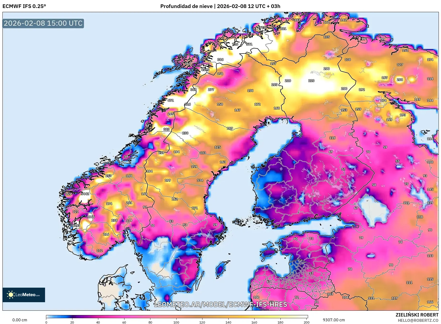ECMWF IFS 0.25° model - Escandinavia, Profundidad de nieve