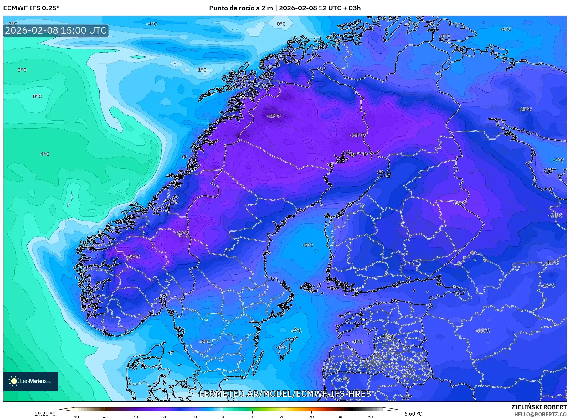 ECMWF IFS 0.25° model - Escandinavia, Punto de rocío a 2 m