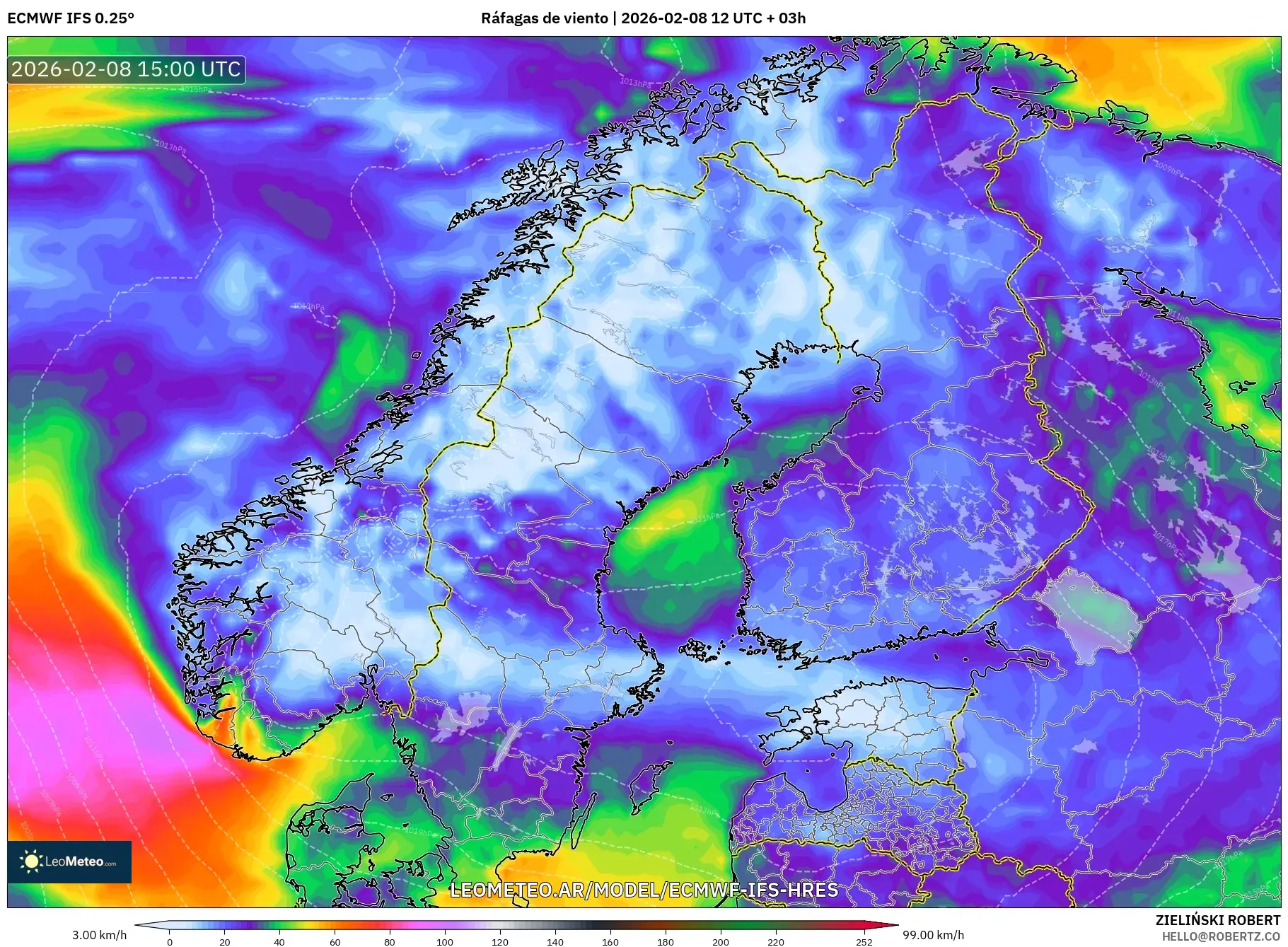 ECMWF IFS 0.25° model - Escandinavia, Ráfagas de viento