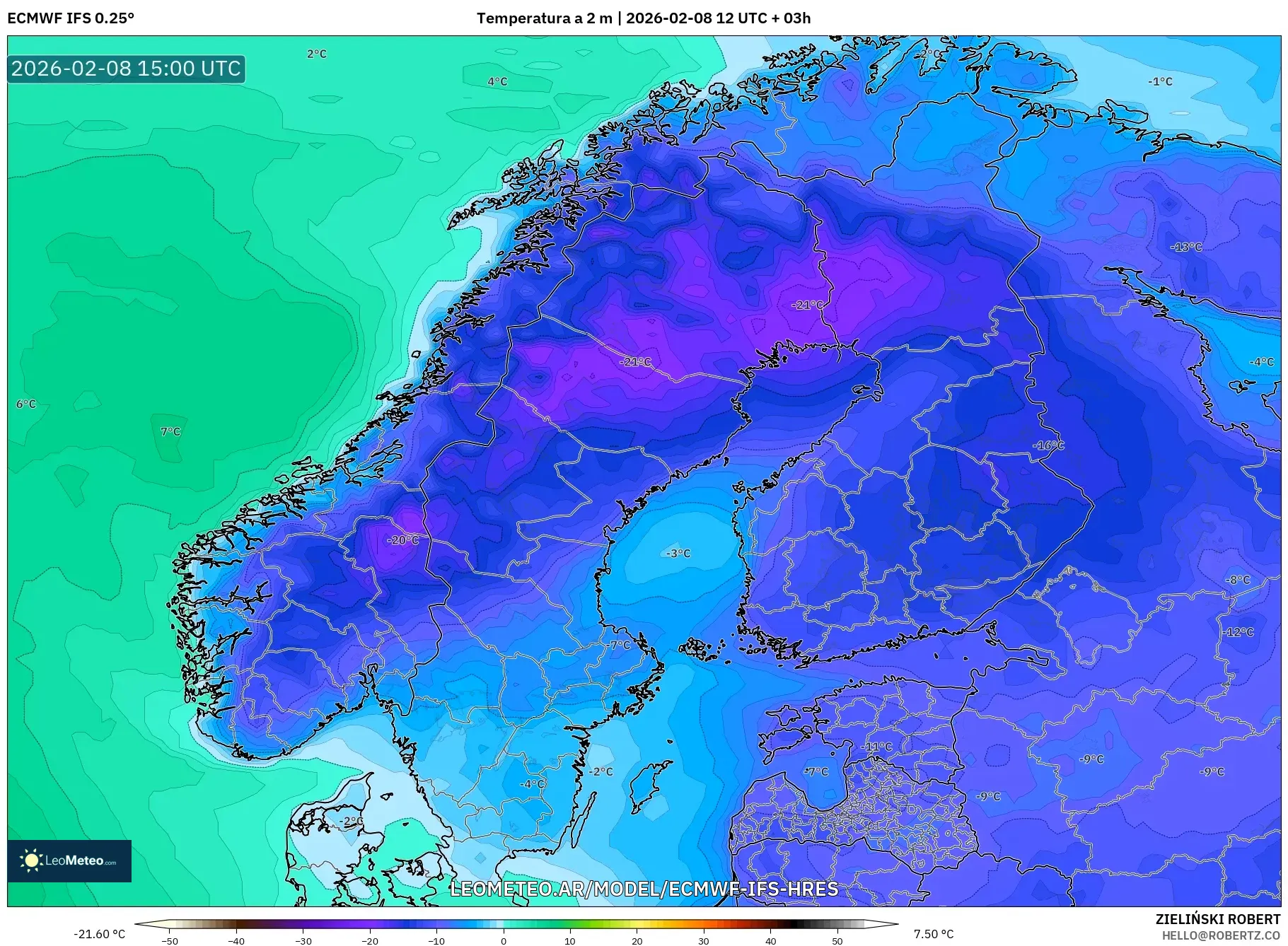 ECMWF IFS 0.25° model - Escandinavia, Temperatura a 2 m