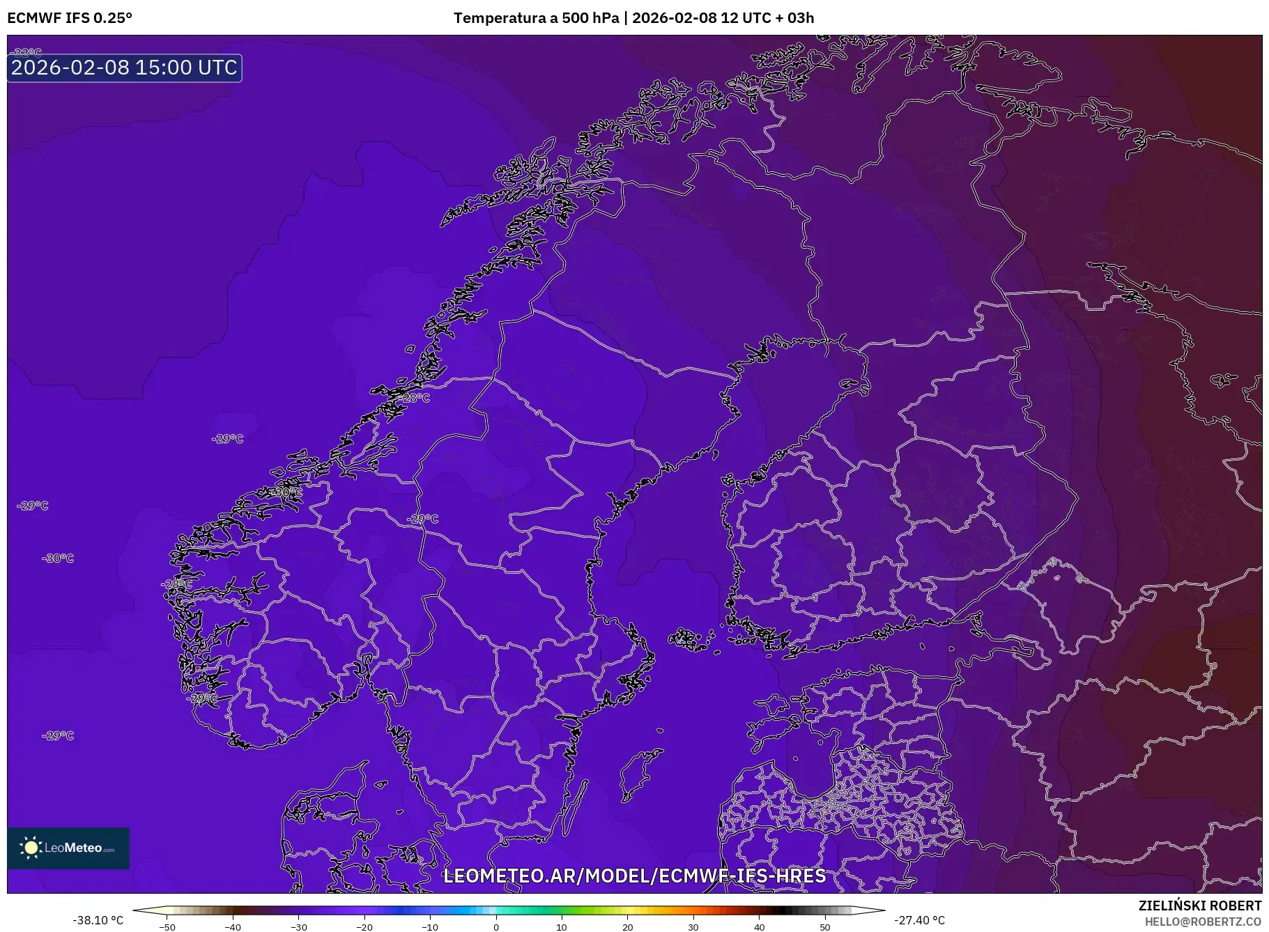 ECMWF IFS 0.25° model - Escandinavia, Temperatura a 500 hPa