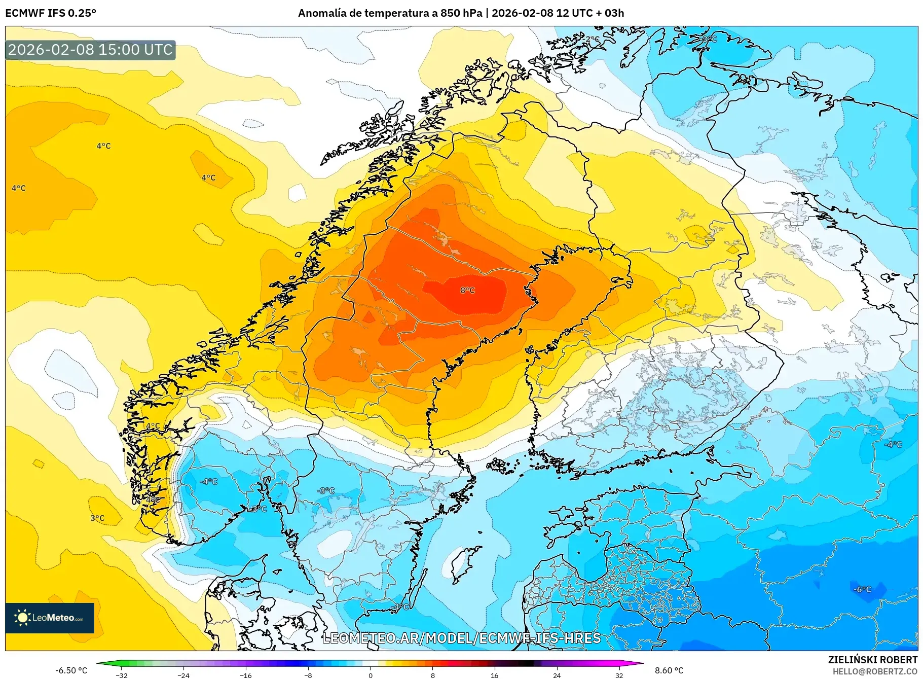 ECMWF IFS 0.25° model - Escandinavia, Anomalía de temperatura a 850 hPa