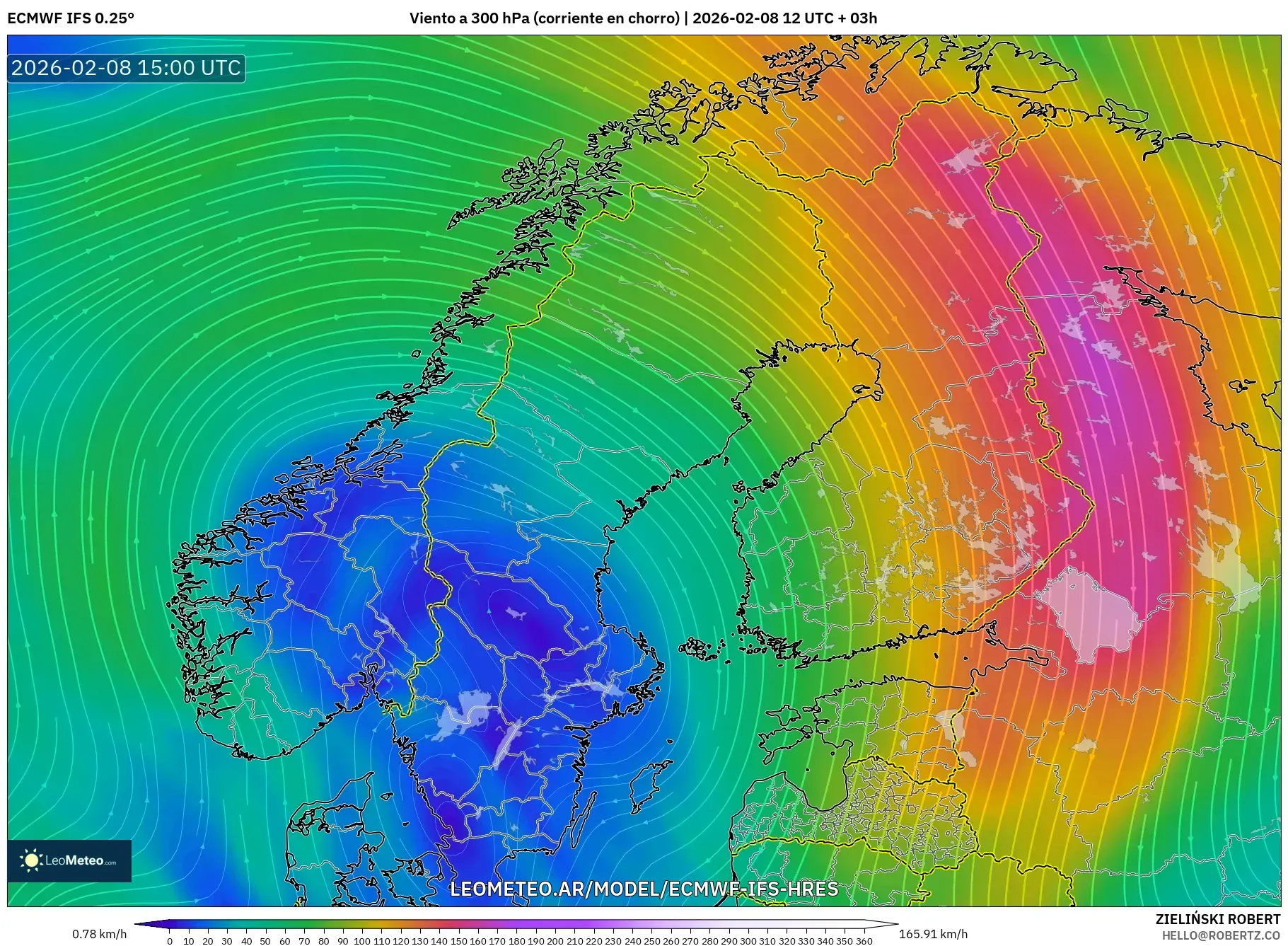 ECMWF IFS 0.25° model - Escandinavia, Viento a 300 hPa (corriente en chorro)